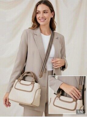 FIRANO Structured Cream Satchel Bag with Tan Trim & Removable Strap - EUC
